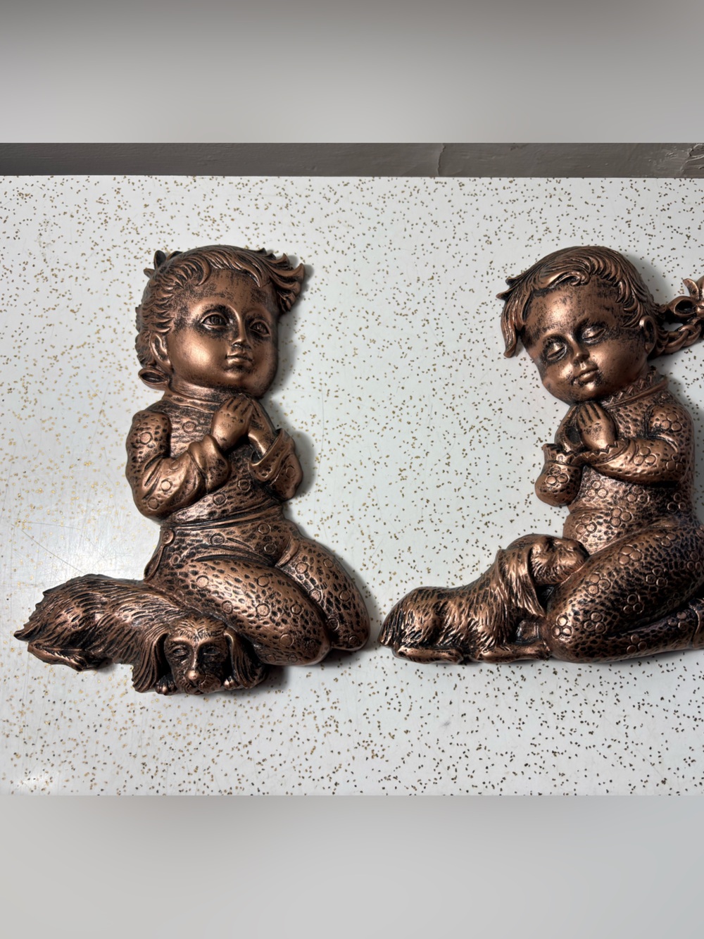 Pair of praying kids with dogs Syrocco “Coppercraft” style art